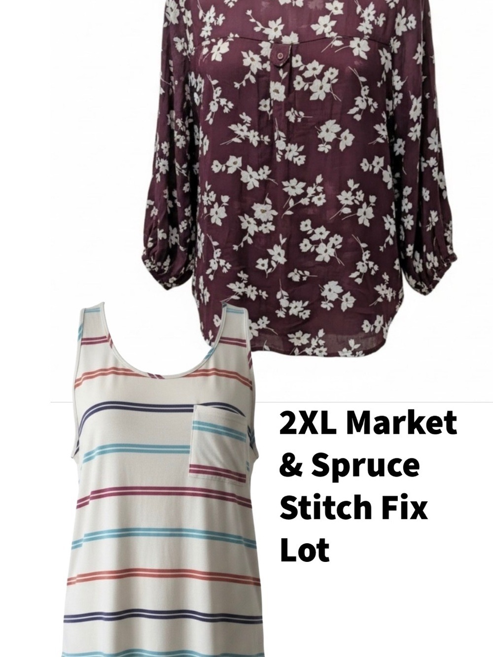 ⁠LOT OF 2 Market & Spruce Stitch Fix Tops 2XL Floral Blouse Striped Pocket Tank